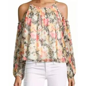 Elizabeth and James Floral Silk Cold Shoulder Blouse Pink Yellow Multi Large